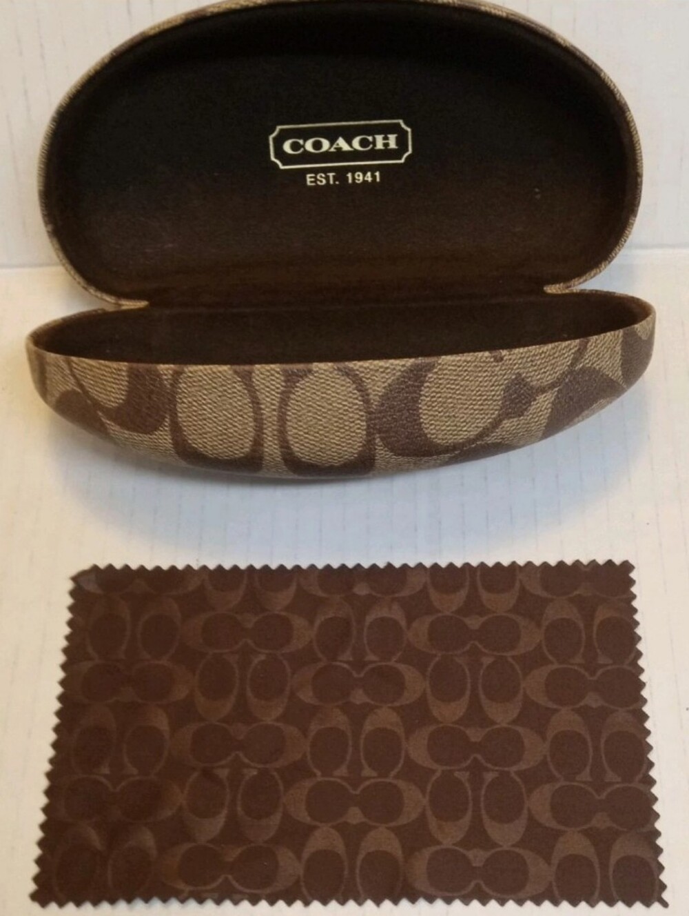 Coach Signature Monogram Hard Shell Eyeglass Case Brown Tan with Cleaning Cloth